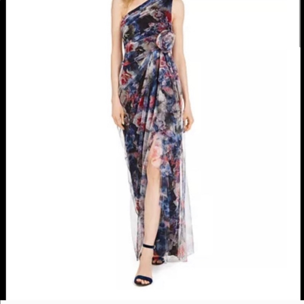Adrianna Papell Floral Chiffon One Shoulder Gown